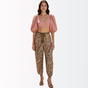 Zimmermann $600 Pink Linen Puff Sleeve Crop Top & Paisley Pants Set 0 XS 0-4